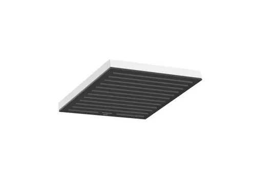 Kopfbrause in rechteckiger Form mit mattem weißen Finish und gerippter Oberfläche, montiert an einer Decke, von der Marke Hansgrohe.